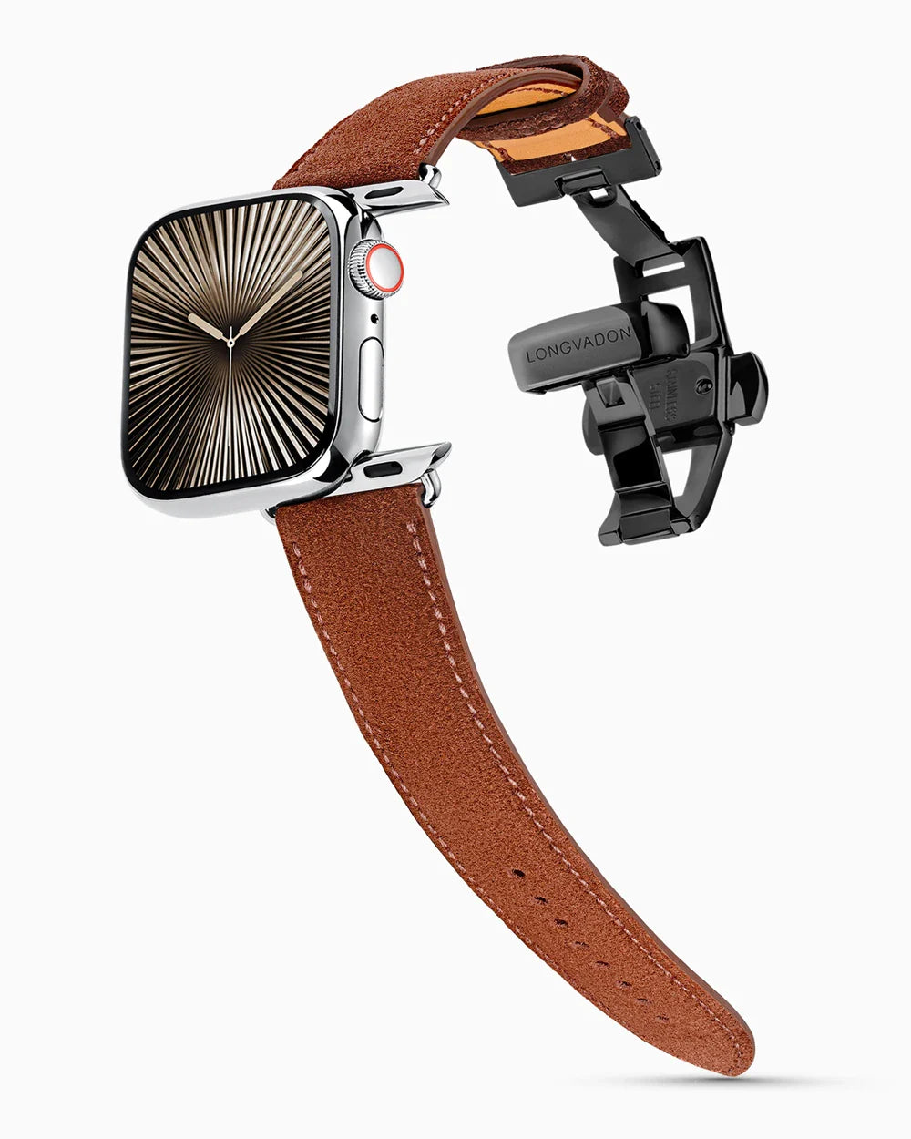 Janus Suede luxury Apple Watch leather band on a Series 10 Apple Watch