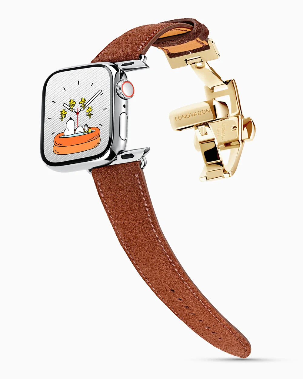 Janus Suede luxury Apple Watch leather band on a Series 9 Apple Watch