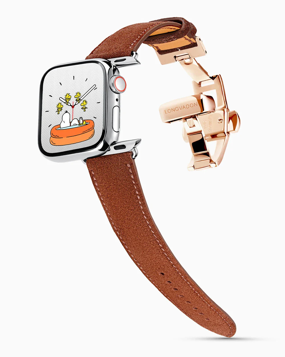 Janus Suede luxury Apple Watch leather band on a Series 9 Apple Watch