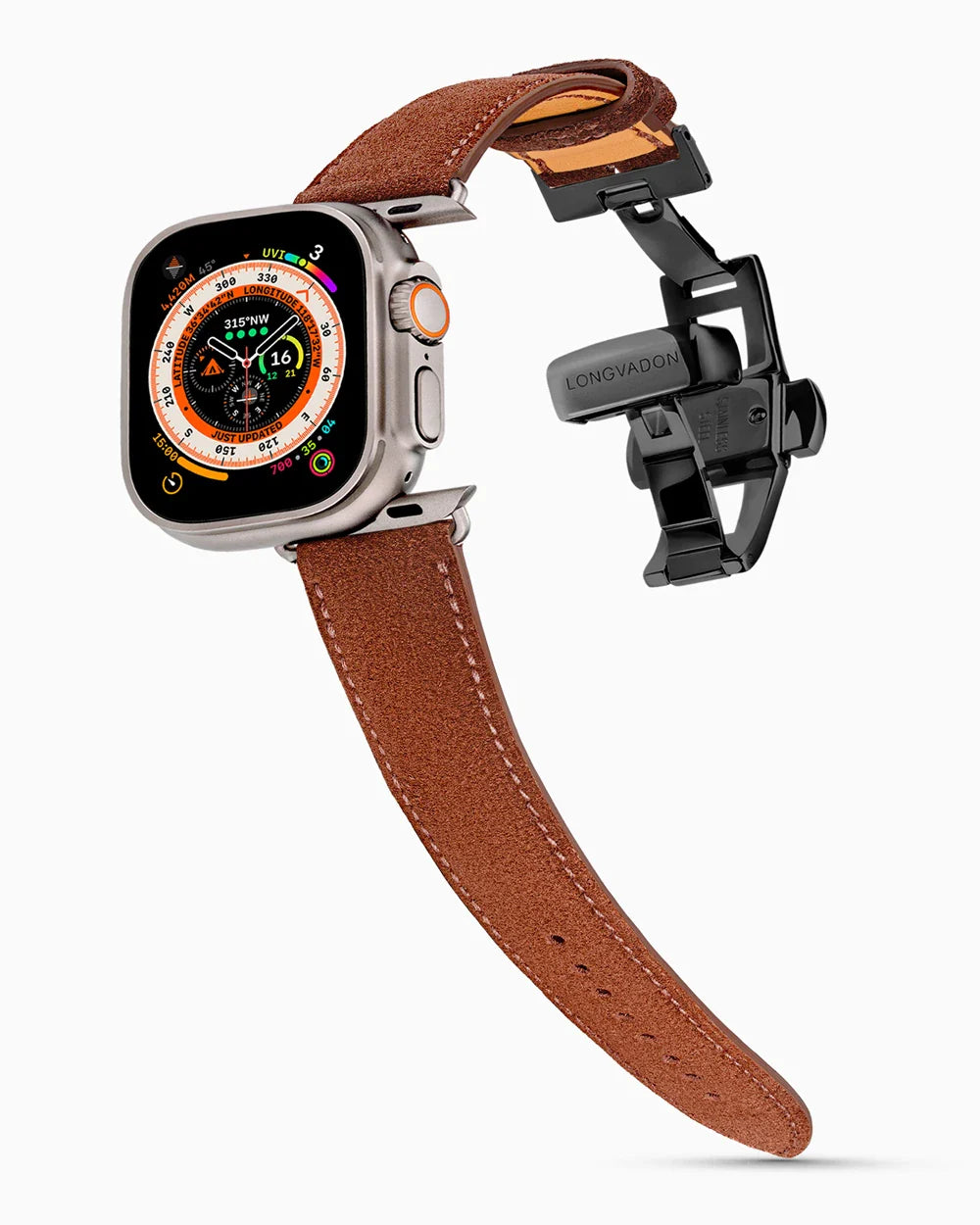 Janus Suede luxury Apple Watch leather band on an Apple Watch Ultra