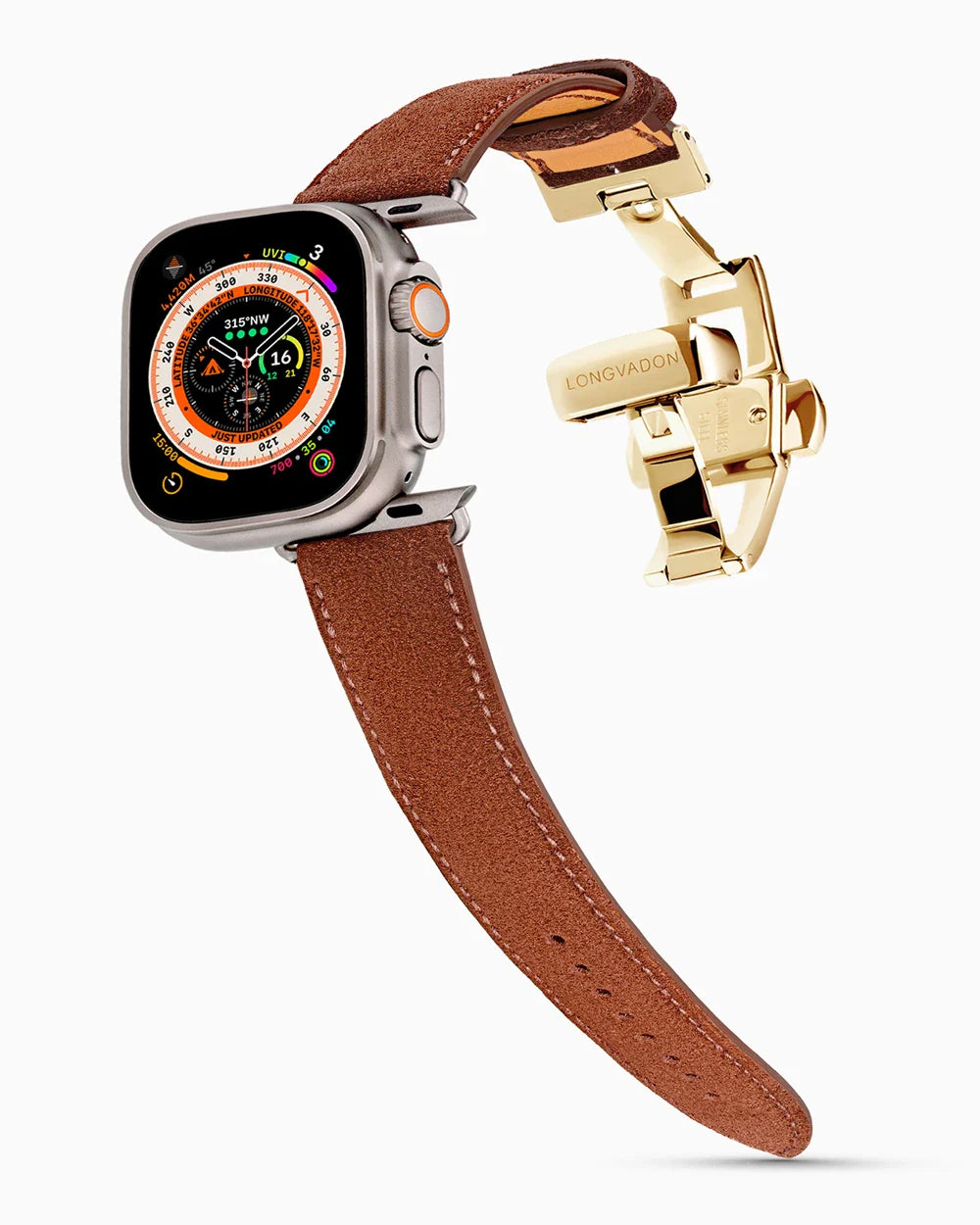 Janus Suede luxury Apple Watch leather band on an Apple Watch Ultra
