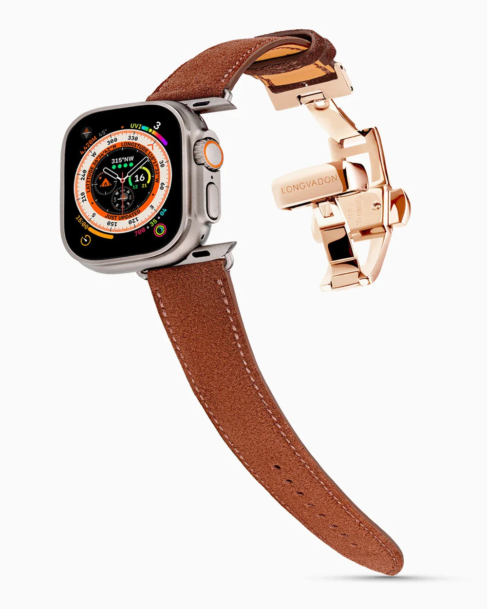 Janus Suede luxury Apple Watch leather band on an Apple Watch Ultra