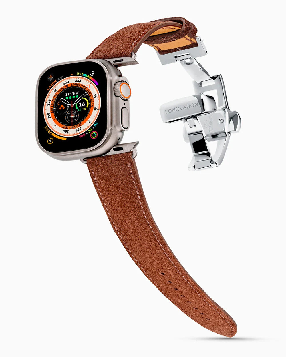 Janus Suede luxury Apple Watch leather band on an Apple Watch Ultra