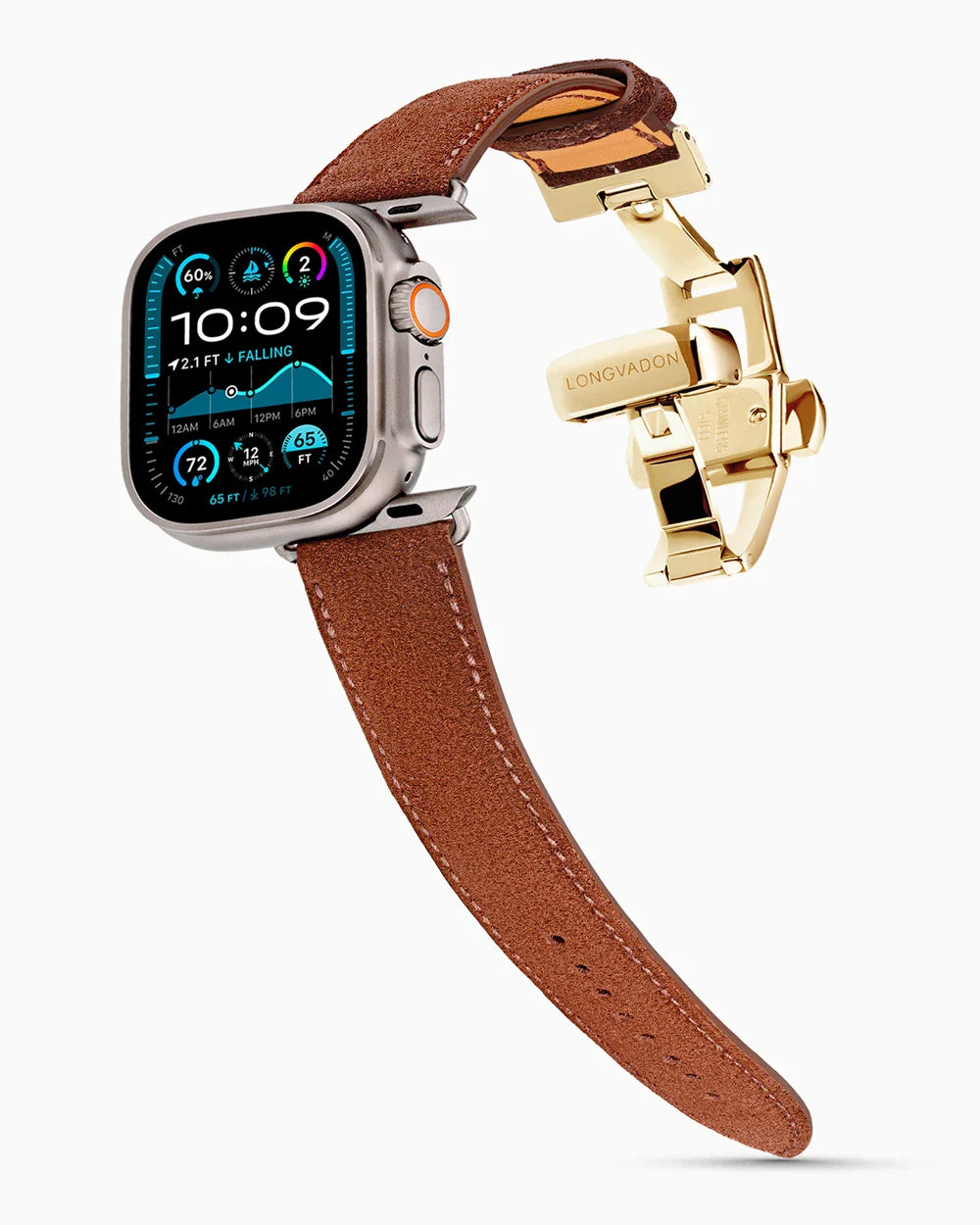 Janus Suede luxury Apple Watch leather band on an Apple Watch Ultra