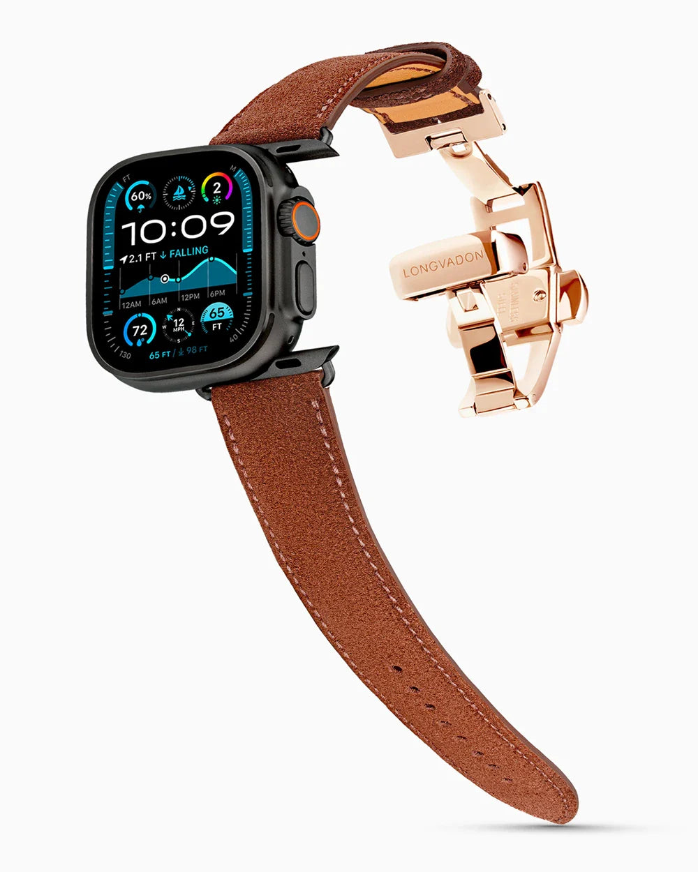 Janus Suede luxury Apple Watch leather band on an Apple Watch Ultra