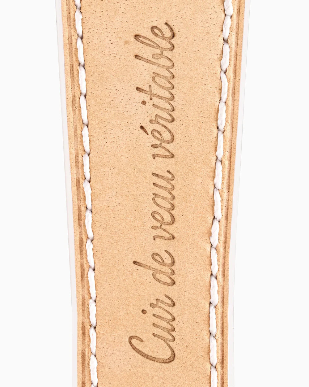 Caiman Series 3 | Blanc Neige — calfskin lining with Cuir de veau véritable lettering