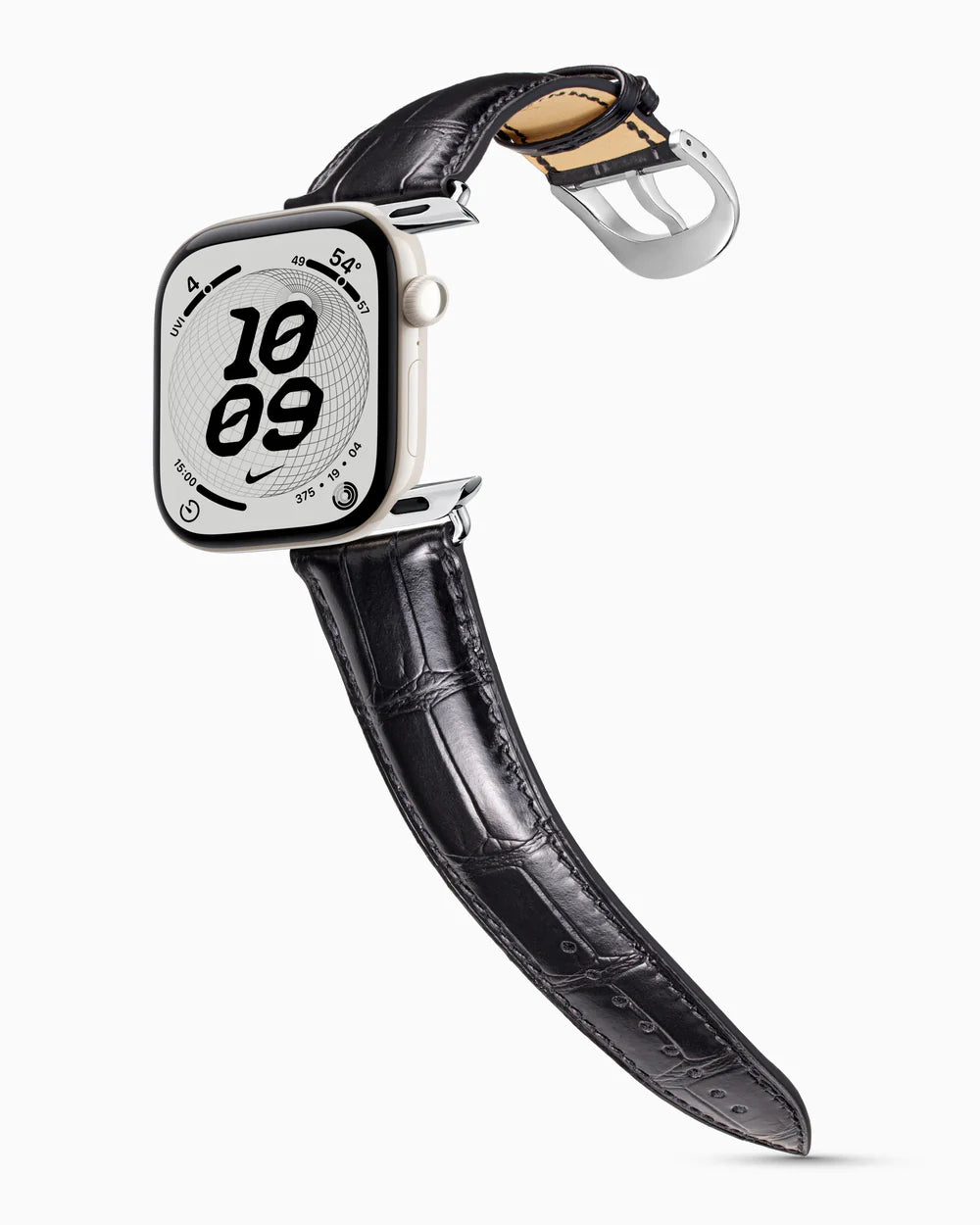 Caiman Series 3 | Noir Glacé on an Apple Watch Series 12 in Pearl White ceramic, polished silver buckle