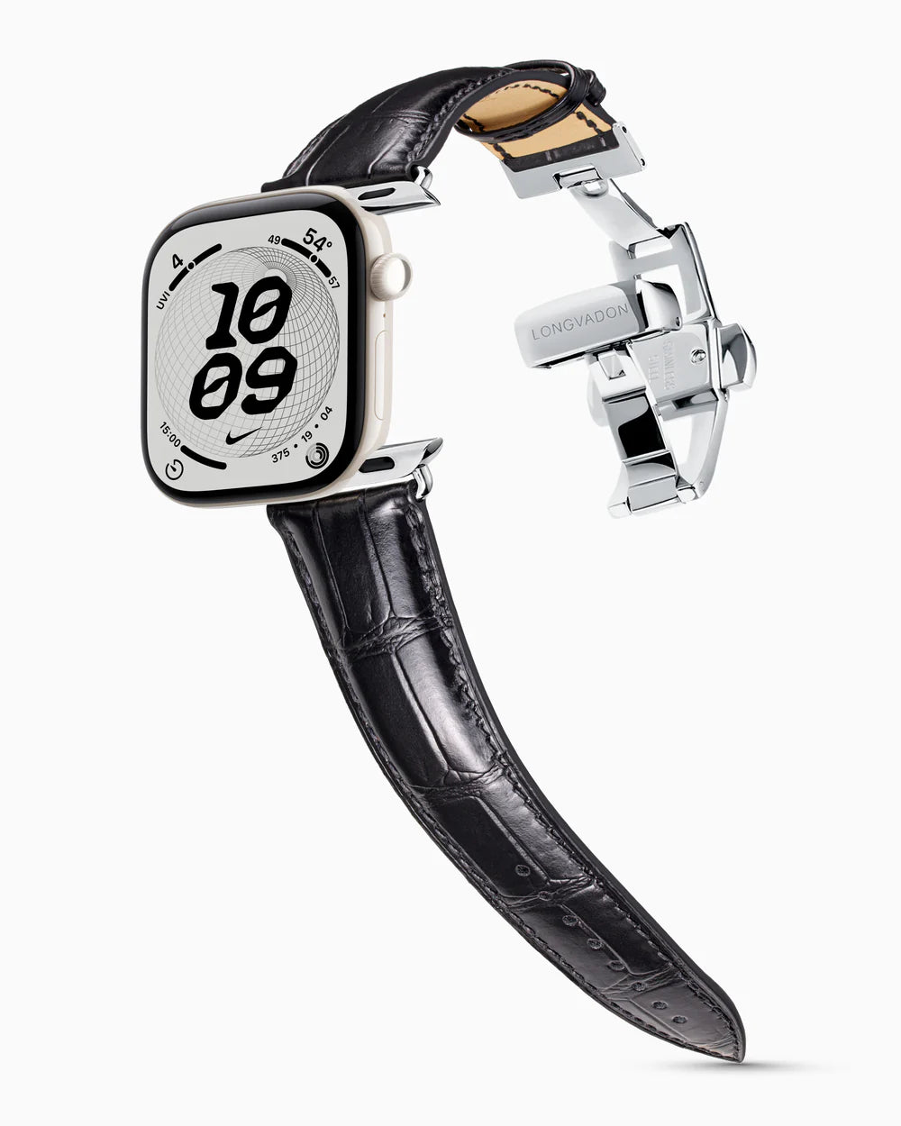 Caiman Series 3 | Noir Glacé on an Apple Watch Series 12 in Pearl White ceramic, polished silver clasp