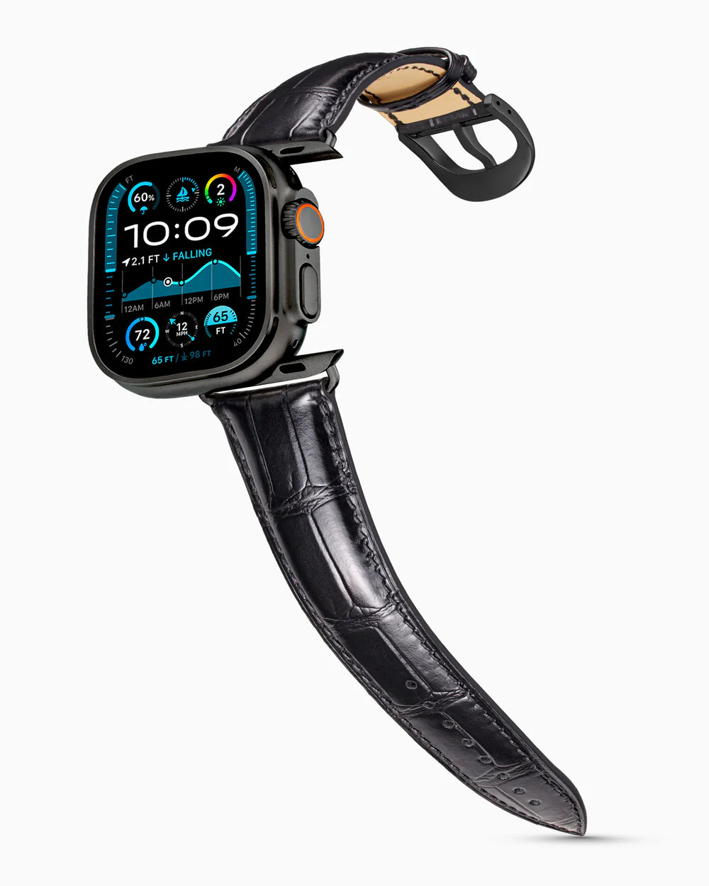Caiman Series 3 | Noir Glacé on an Apple Watch Ultra in Black Titanium, brushed black buckle