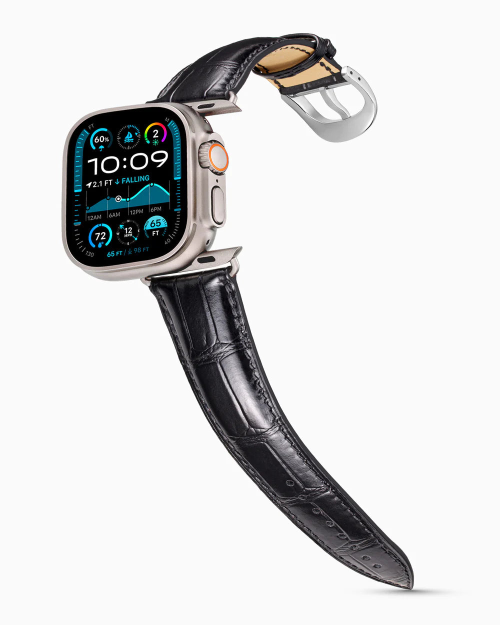 Caiman Series 3 | Noir Glacé on an Apple Watch Ultra in Natural Titanium, polished silver buckle