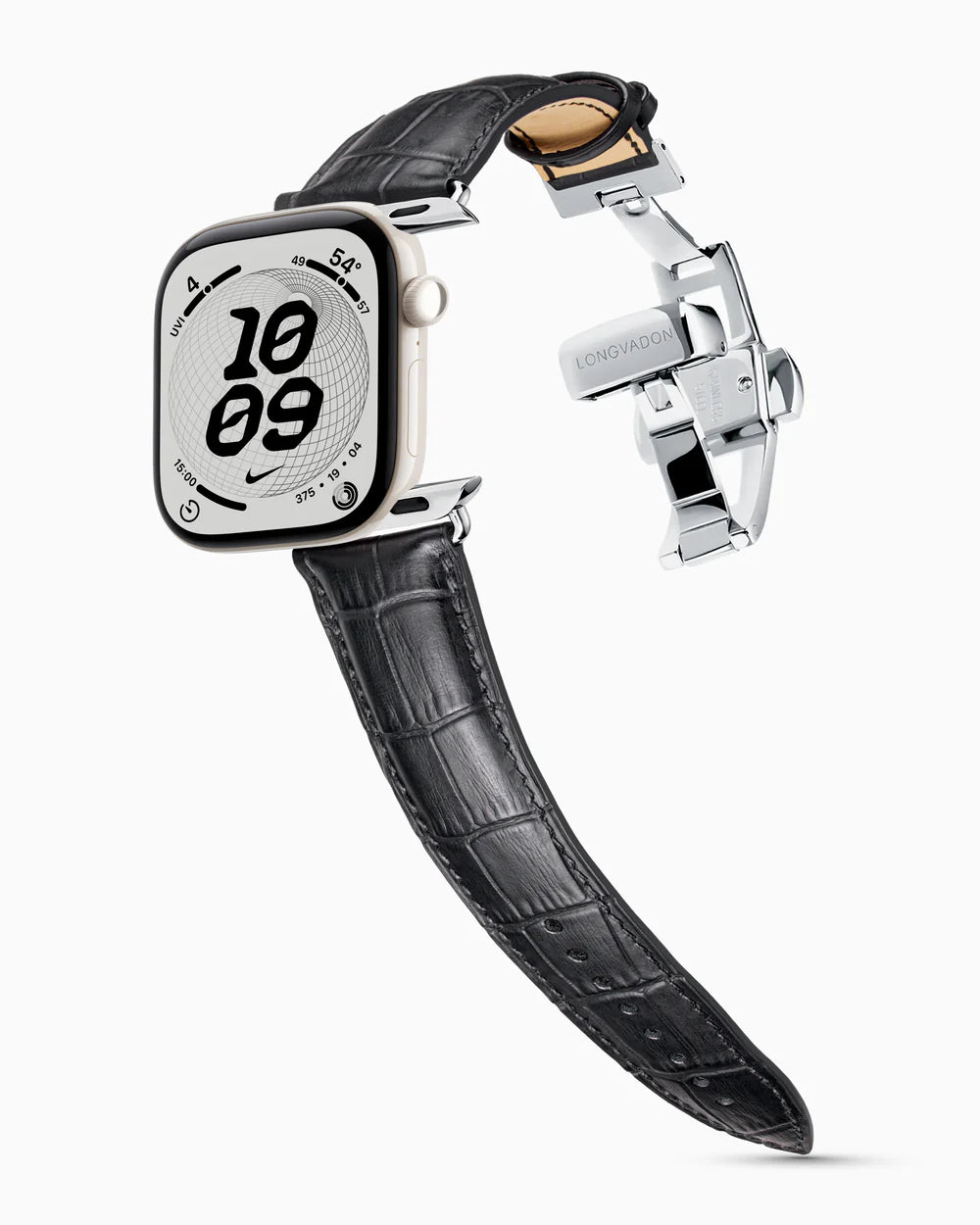 Caiman Series 3 | Noir Mat on an Apple Watch Series 12 in Pearl White ceramic, polished silver clasp