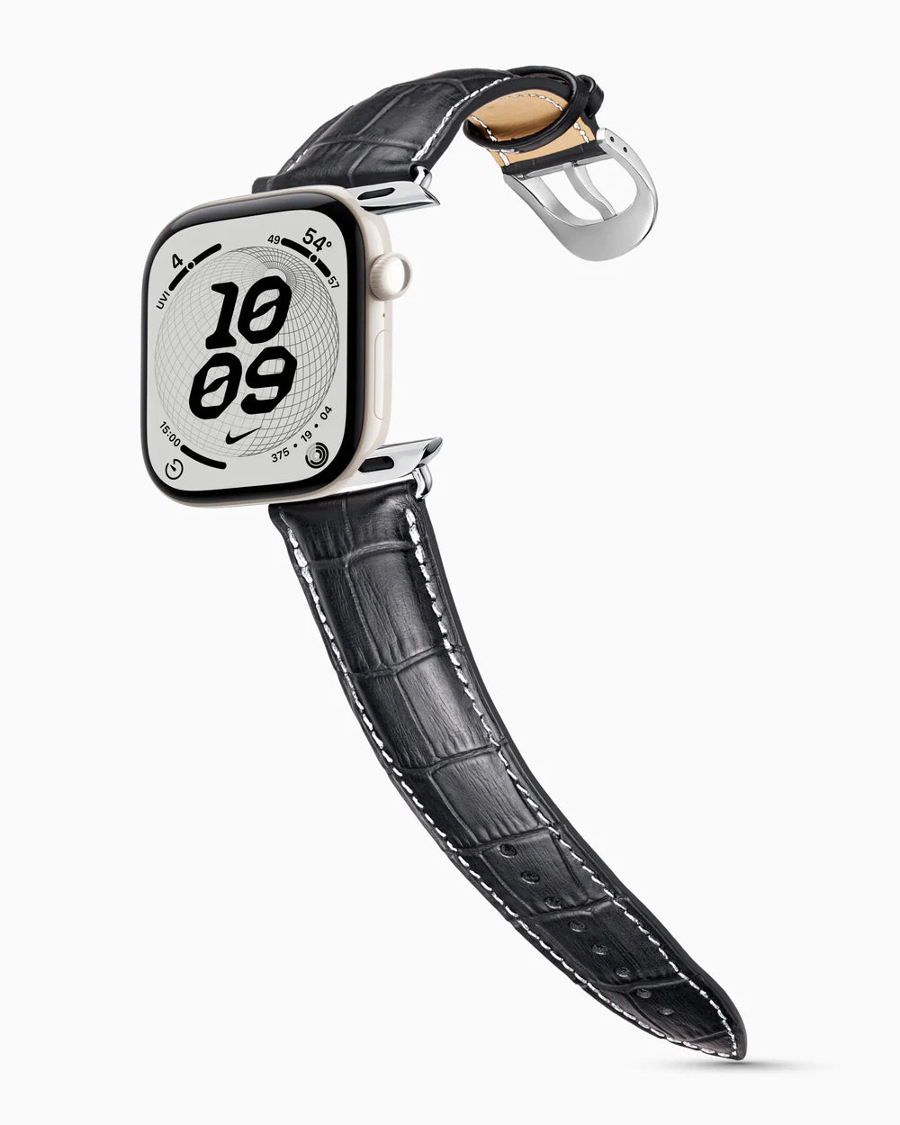 Caiman Series 3 | Noir Mat w/ Contrast Stitch on an Apple Watch Series 12 in Pearl White ceramic, polished silver buckle
