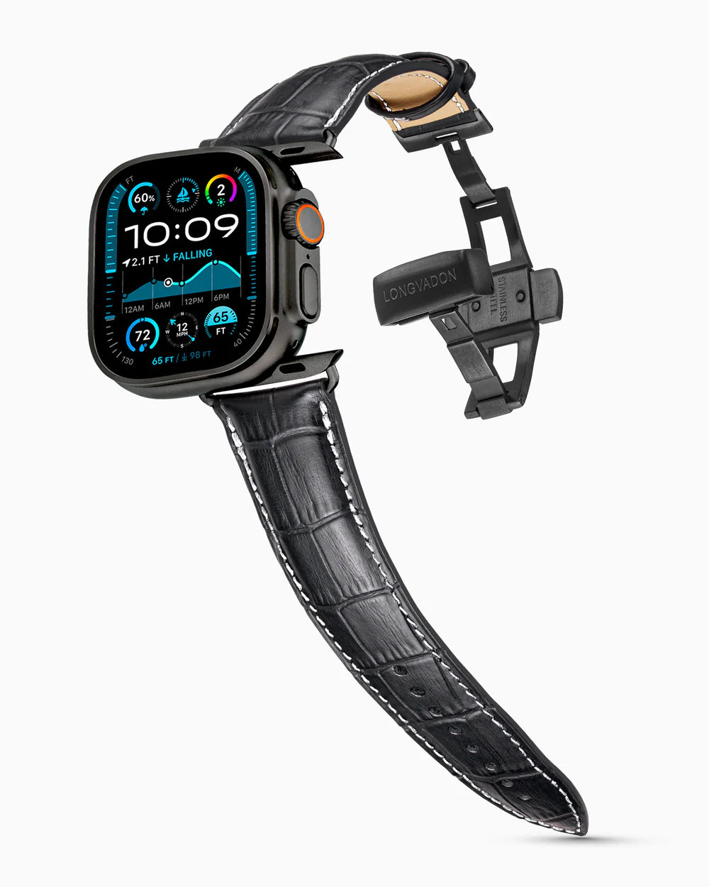 Caiman Series 3 | Noir Mat w/ Contrast Stitch on an Apple Watch Ultra in Black Titanium, brushed black clasp