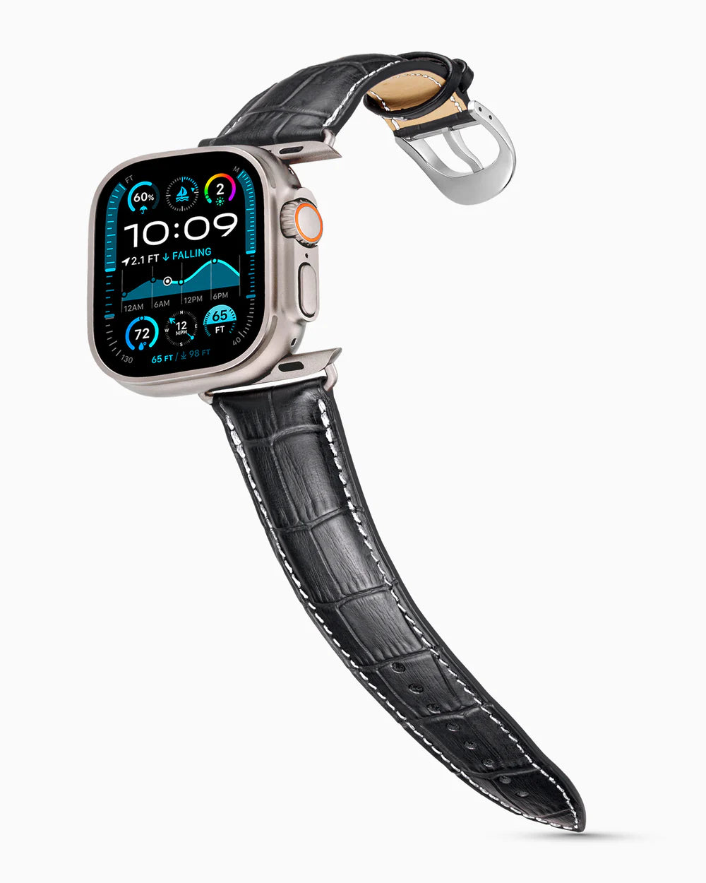 Caiman Series 3 | Noir Mat w/ Contrast Stitch on an Apple Watch Ultra in Natural Titanium, polished silver buckle