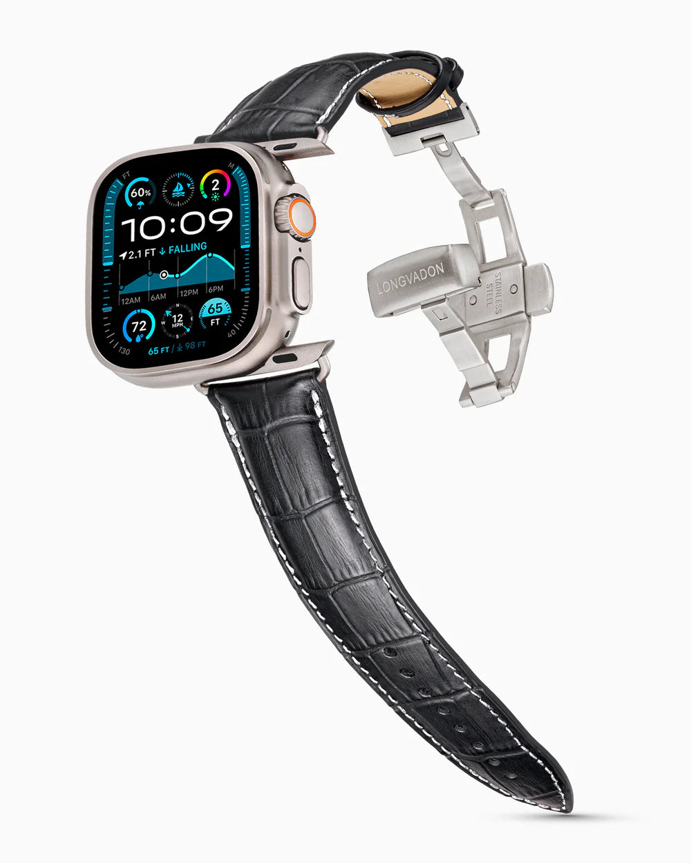 Caiman Series 3 | Noir Mat w/ Contrast Stitch on an Apple Watch Ultra in Natural Titanium, brushed silver clasp