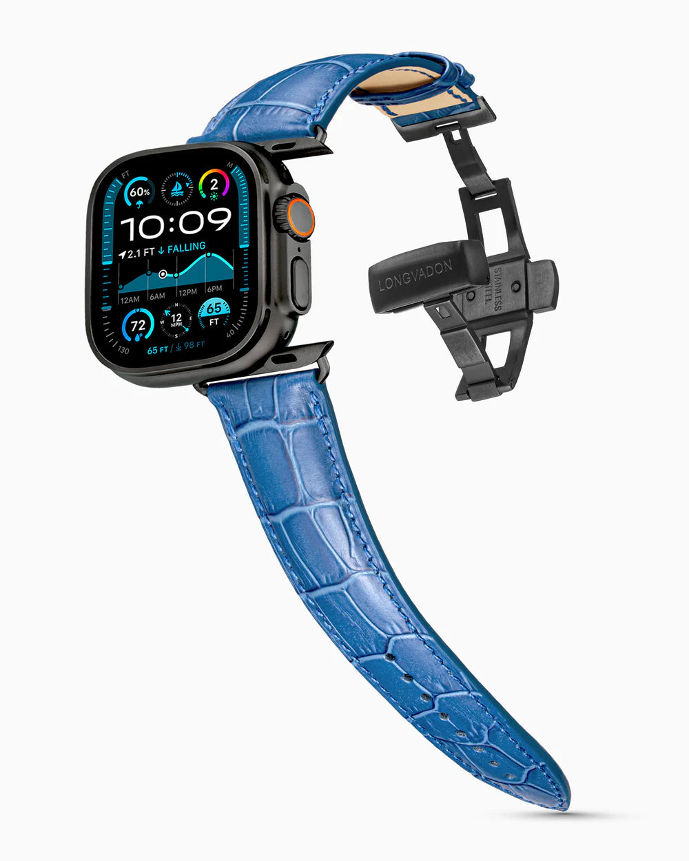 Caiman Series 3 | Bleu Marine Mat on an Apple Watch Ultra in Black Titanium, brushed black clasp