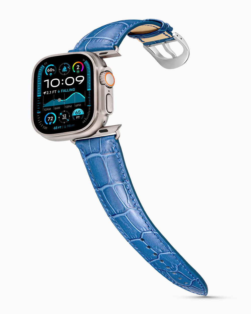 Caiman Series 3 | Bleu Marine Mat on an Apple Watch Ultra in Natural Titanium, polished silver buckle