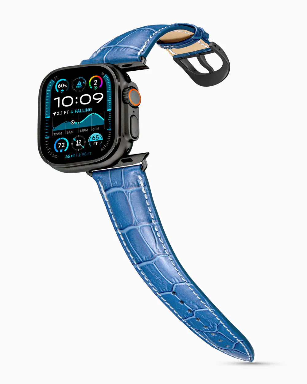 Caiman Series 3 | Bleu Marine Mat w/ Contrast Stitch on an Apple Watch Ultra in Black Titanium, brushed black buckle
