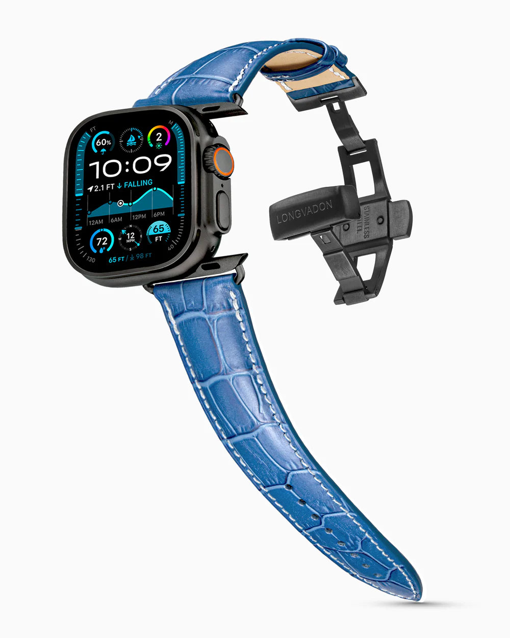 Caiman Series 3 | Bleu Marine Mat w/ Contrast Stitch on an Apple Watch Ultra in Black Titanium, brushed black clasp