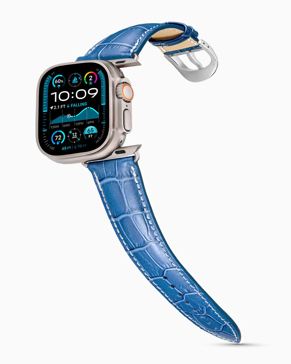 Caiman Series 3 | Bleu Marine Mat w/ Contrast Stitch on an Apple Watch Ultra in Natural Titanium, polished silver buckle