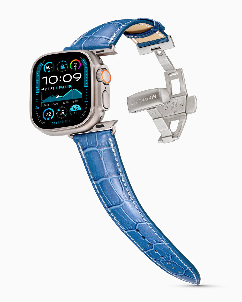 Caiman Series 3 | Bleu Marine Mat w/ Contrast Stitch on an Apple Watch Ultra in Natural Titanium, brushed silver clasp