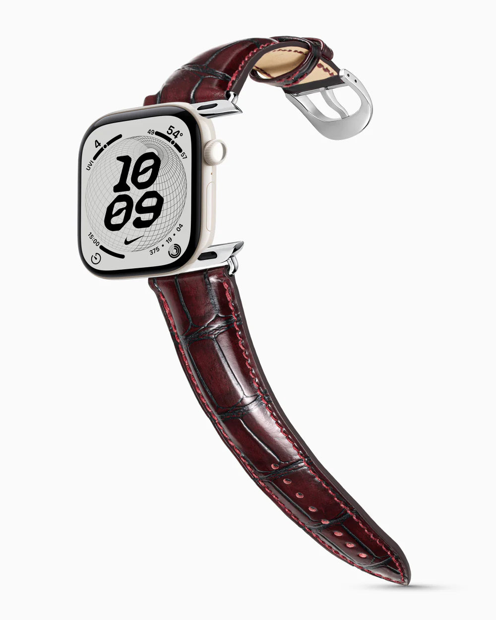 Caiman Series 3 | Bourgogne Glacé on an Apple Watch Series 12 in Pearl White ceramic, polished silver buckle