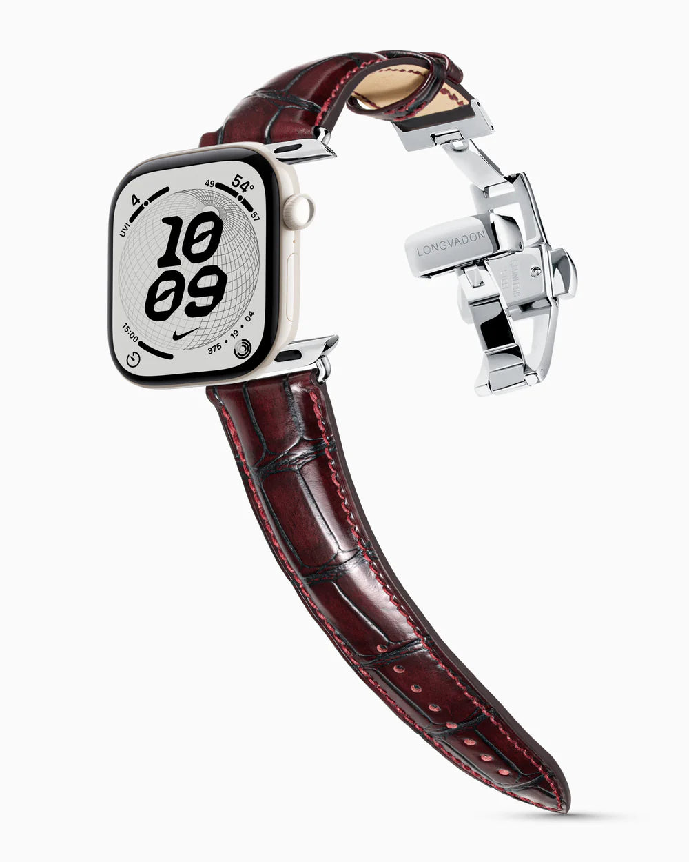 Caiman Series 3 | Bourgogne Glacé on an Apple Watch Series 12 in Pearl White ceramic, polished silver clasp