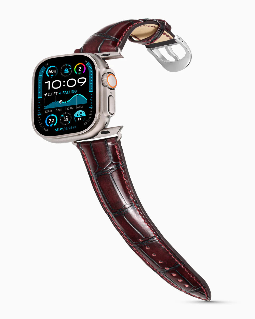 Caiman Series 3 | Bourgogne Glacé on an Apple Watch Ultra in Natural Titanium, polished silver buckle
