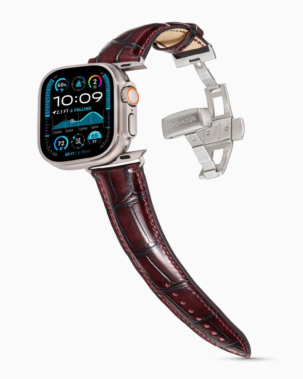 Caiman Series 3 | Bourgogne Glacé on an Apple Watch Ultra in Natural Titanium, brushed silver clasp