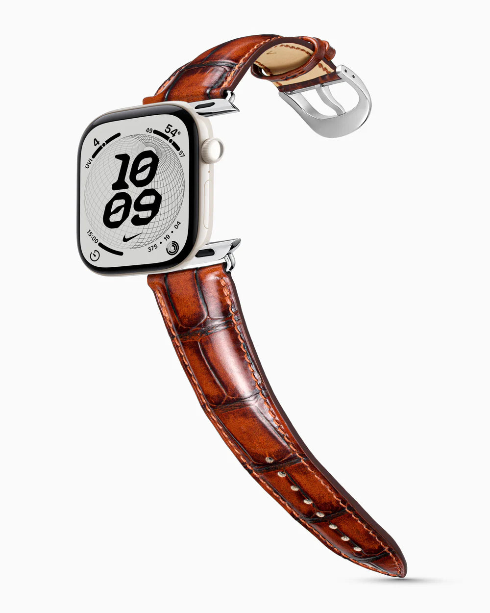 Caiman Series 3 | Cognac Glacé on an Apple Watch Series 12 in Pearl White ceramic, polished silver buckle