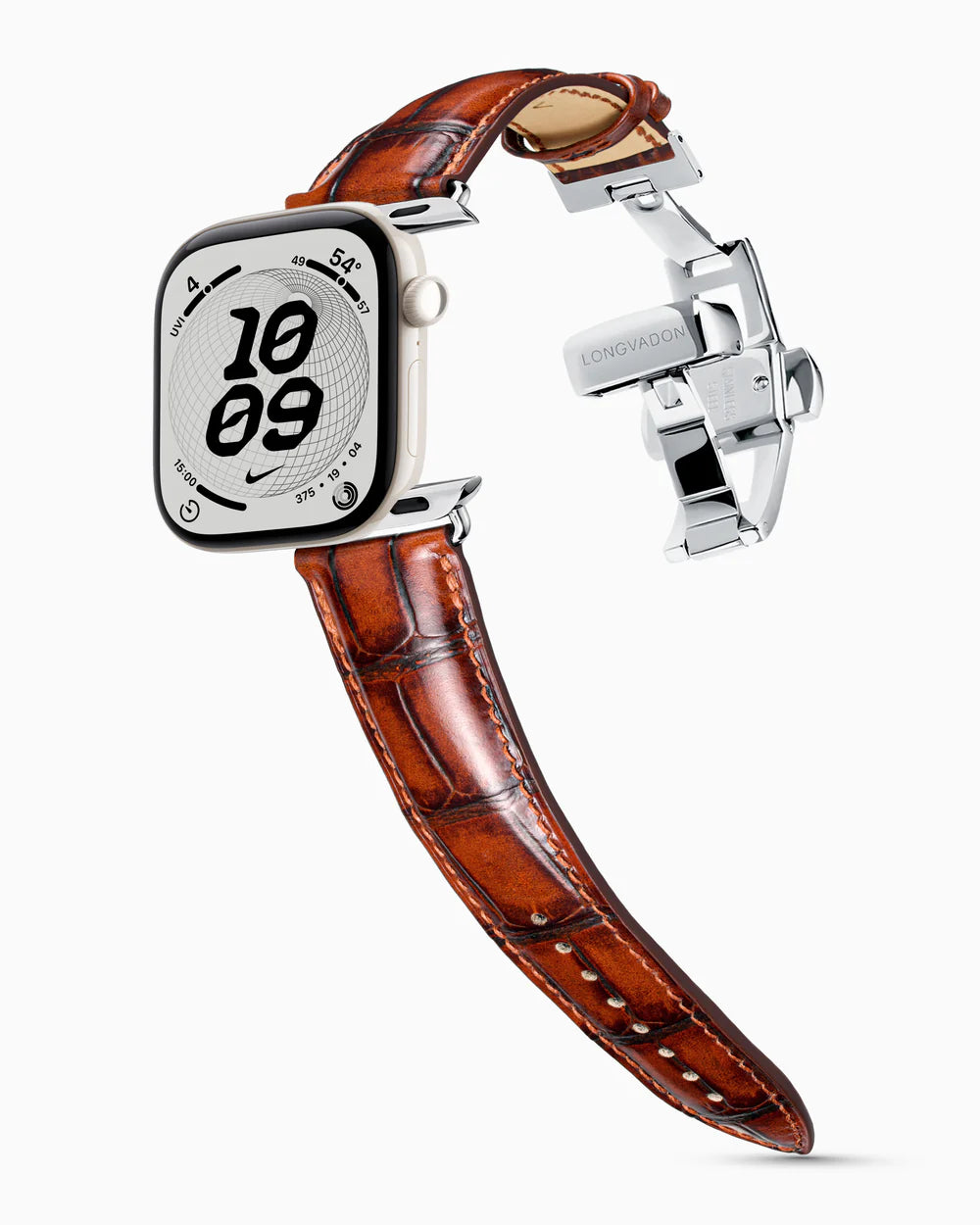 Caiman Series 3 | Cognac Glacé on an Apple Watch Series 12 in Pearl White ceramic, polished silver clasp