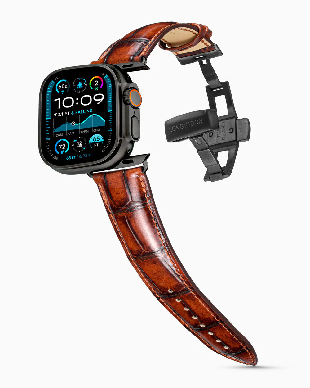 Caiman Series 3 | Cognac Glacé on an Apple Watch Ultra in Black Titanium, brushed black clasp