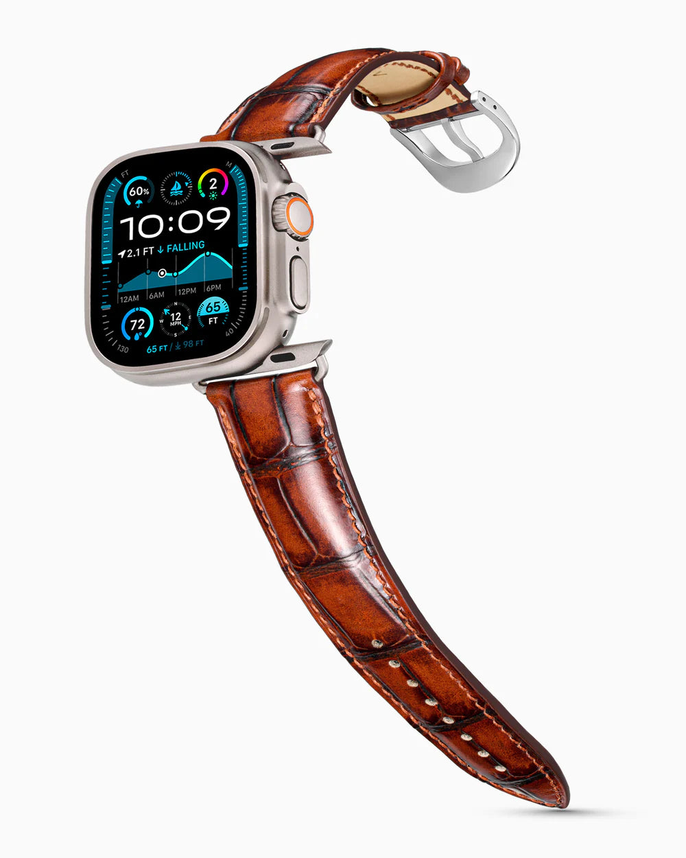 Caiman Series 3 | Cognac Glacé on an Apple Watch Ultra in Natural Titanium, polished silver buckle