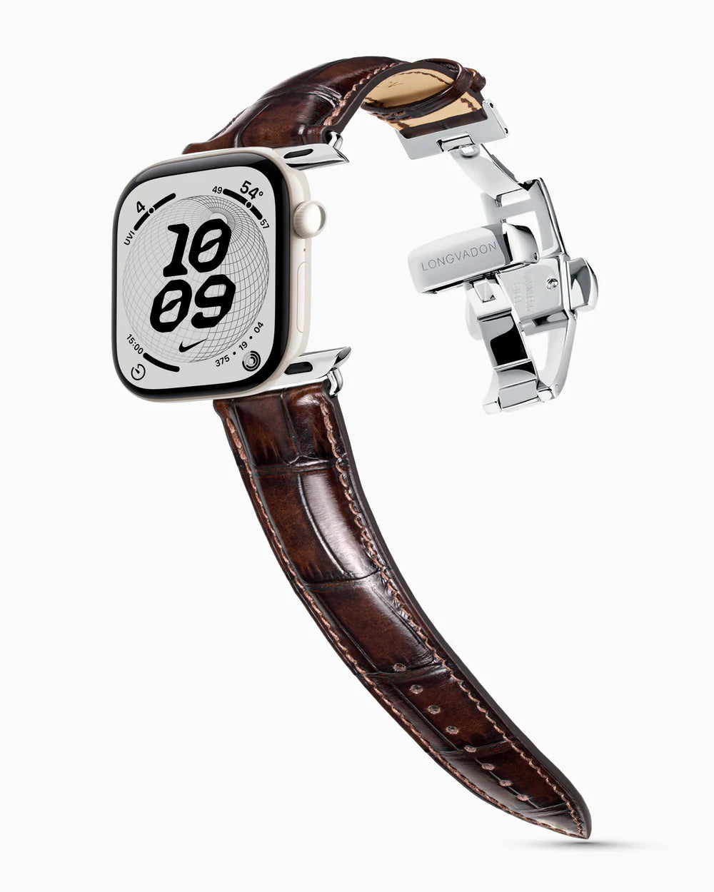 Caiman Series 3 | Marron Glacé on an Apple Watch Series 12 in Pearl White ceramic, polished silver clasp