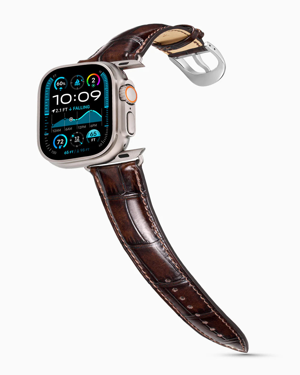 Caiman Series 3 | Marron Glacé on an Apple Watch Ultra in Natural Titanium, polished silver buckle