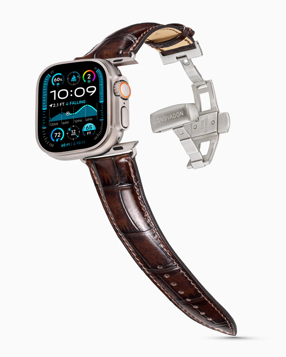 Caiman Series 3 | Marron Glacé on an Apple Watch Ultra in Natural Titanium, brushed silver clasp