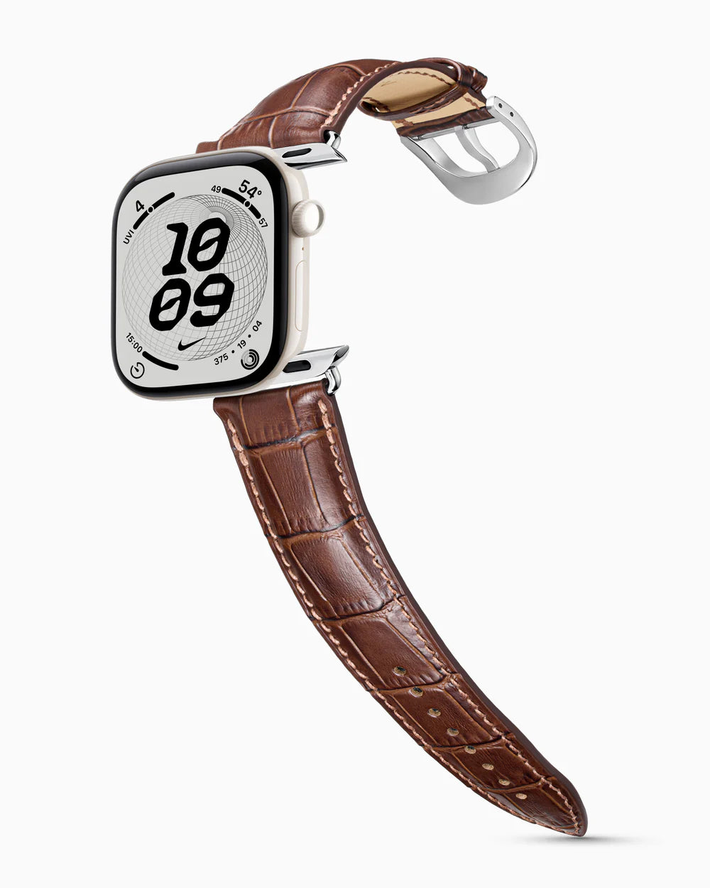 Caiman Series 3 | Marron Mat on an Apple Watch Series 12 in Pearl White ceramic, polished silver buckle