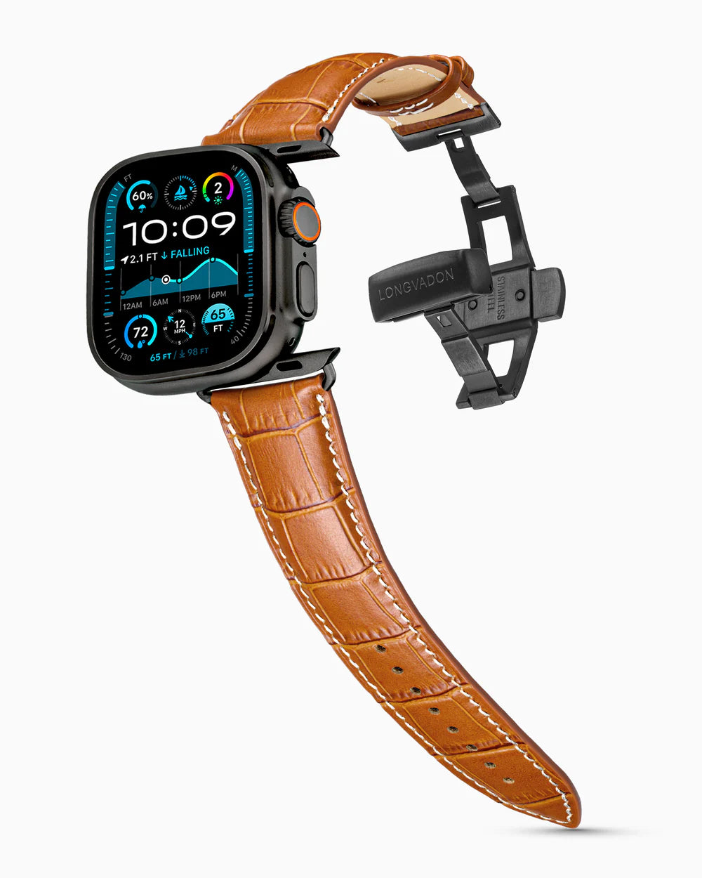 Caiman Series 3 | Windsor Mat w/ Contrast Stitch on an Apple Watch Ultra in Black Titanium, brushed black clasp
