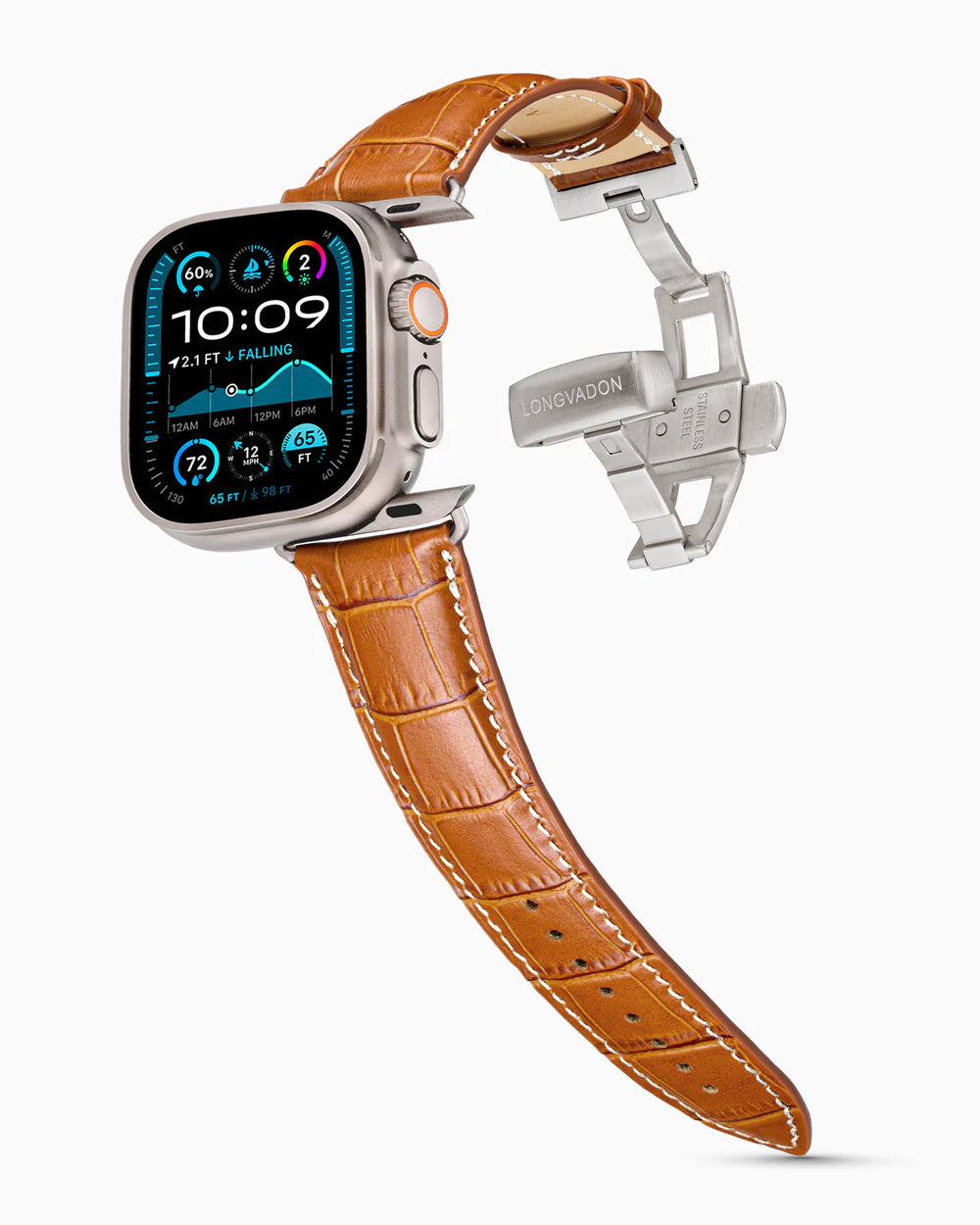 Caiman Series 3 | Windsor Mat w/ Contrast Stitch on an Apple Watch Ultra in Natural Titanium, brushed silver clasp