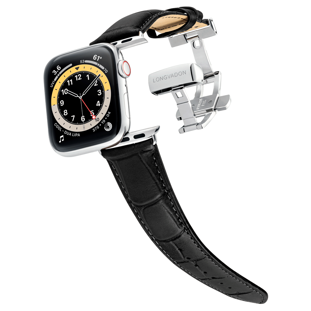 Men's Classic Black Leather Apple Watch Band Black Details | Longvadon