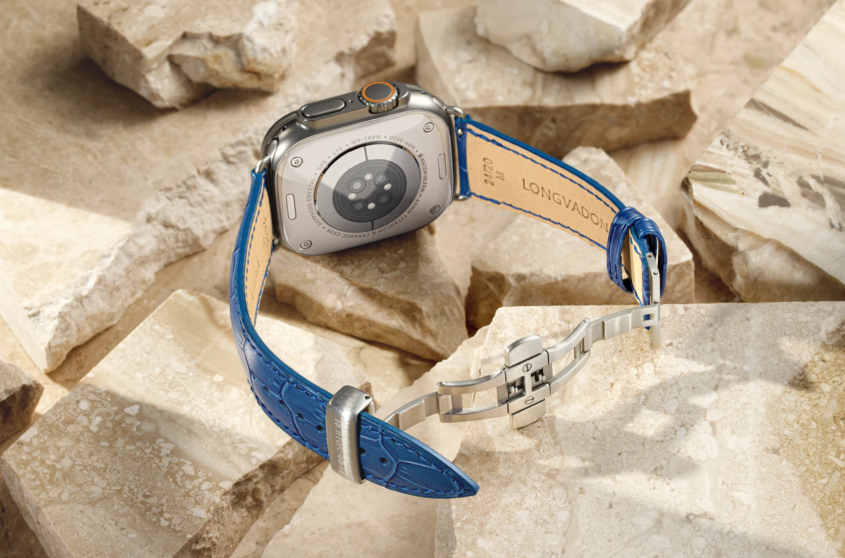 Wide Open Navy Blue Leather Apple Watch Strap on Ultra 1