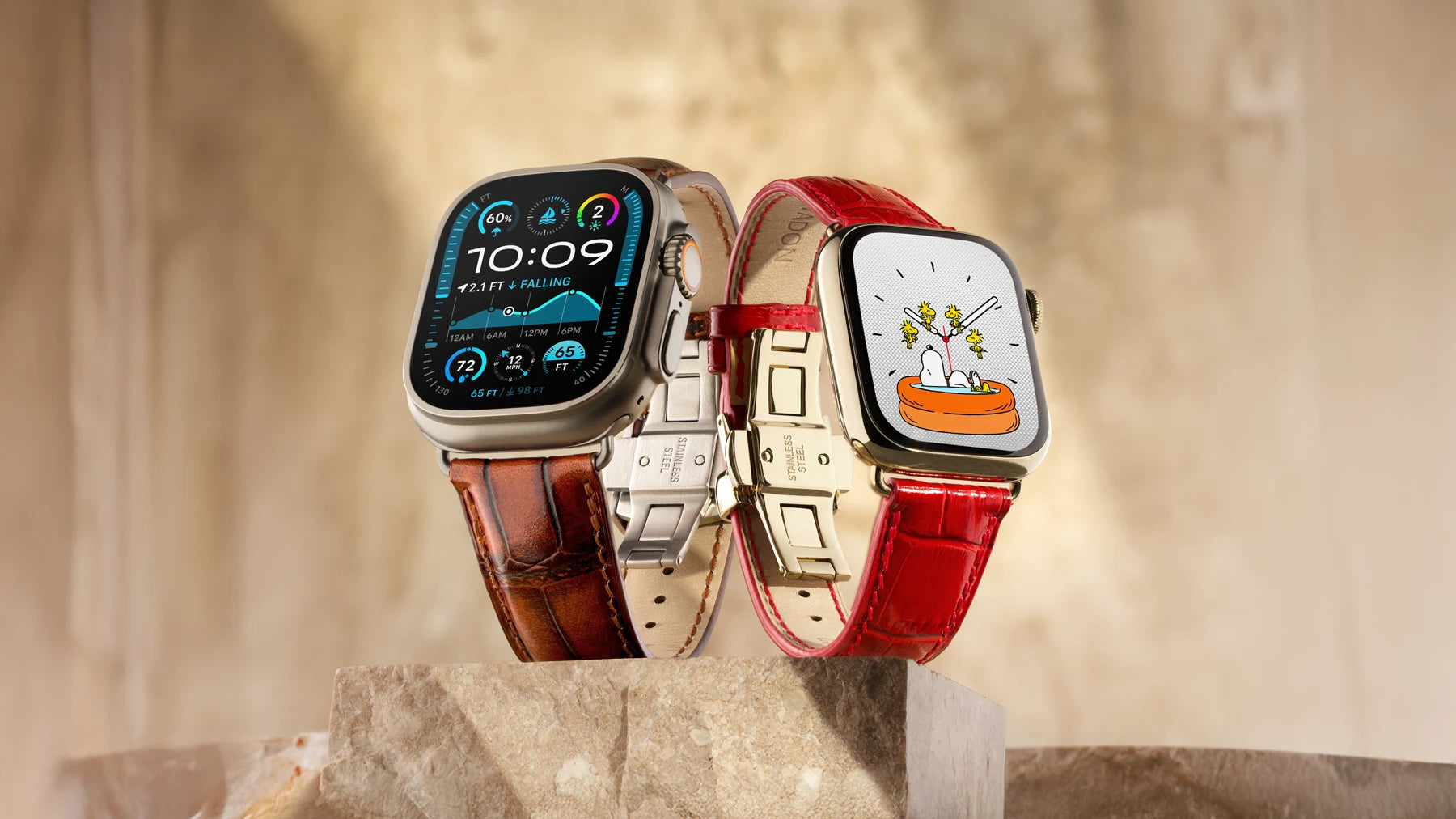 Mens and Womens high end apple watch bands with crocodile embossing on Utlra and Series 9 Apple Watches