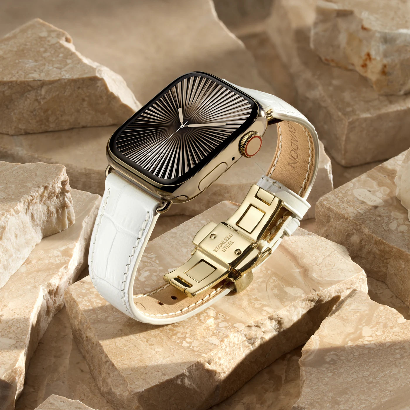 White womens luxury leather Apple Watch band on a Series 10 hero shot