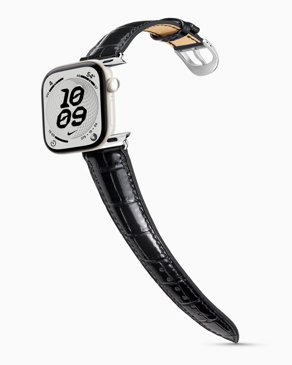 Caiman Series 3 | Noir Verni on an Apple Watch Series 12 in Pearl White ceramic, polished silver buckle