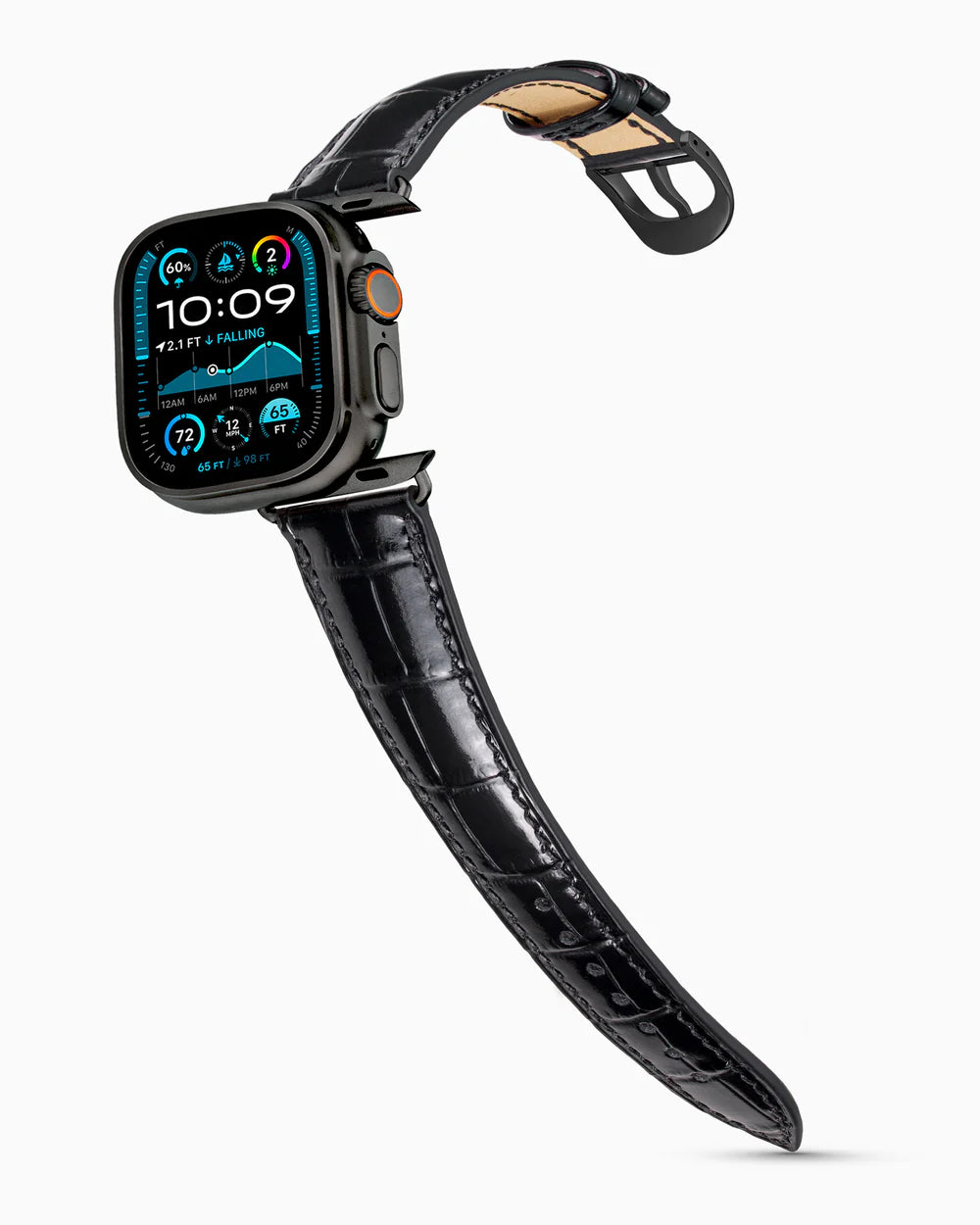 Caiman Series 3 | Noir Verni on an Apple Watch Ultra in Black Titanium, brushed black buckle