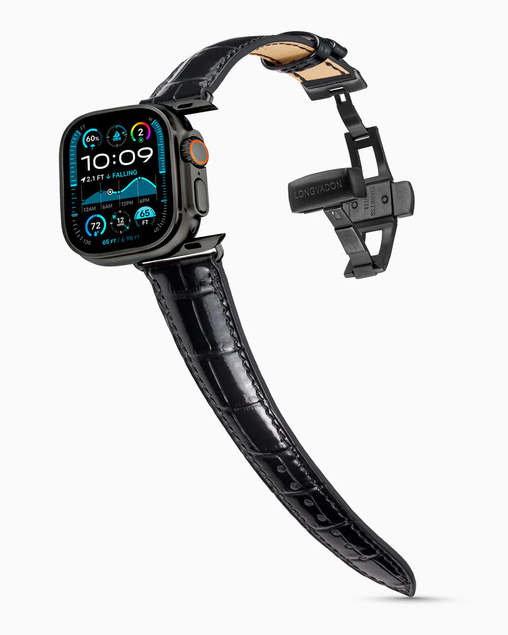 Caiman Series 3 | Noir Verni on an Apple Watch Ultra in Black Titanium, brushed black clasp