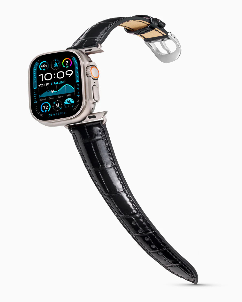 Caiman Series 3 | Noir Verni on an Apple Watch Ultra in Natural Titanium, polished silver buckle