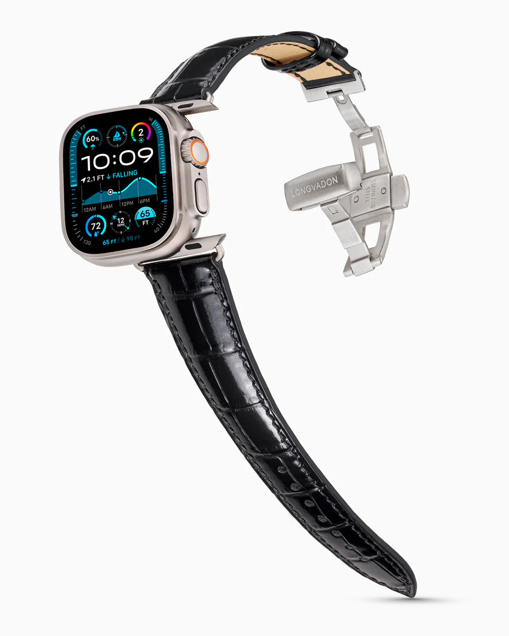 Caiman Series 3 | Noir Verni on an Apple Watch Ultra in Natural Titanium, brushed silver clasp