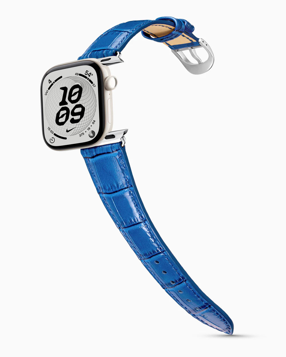Caiman Series 3 | Bleu Marine on an Apple Watch Series 12 in Pearl White ceramic, polished silver buckle
