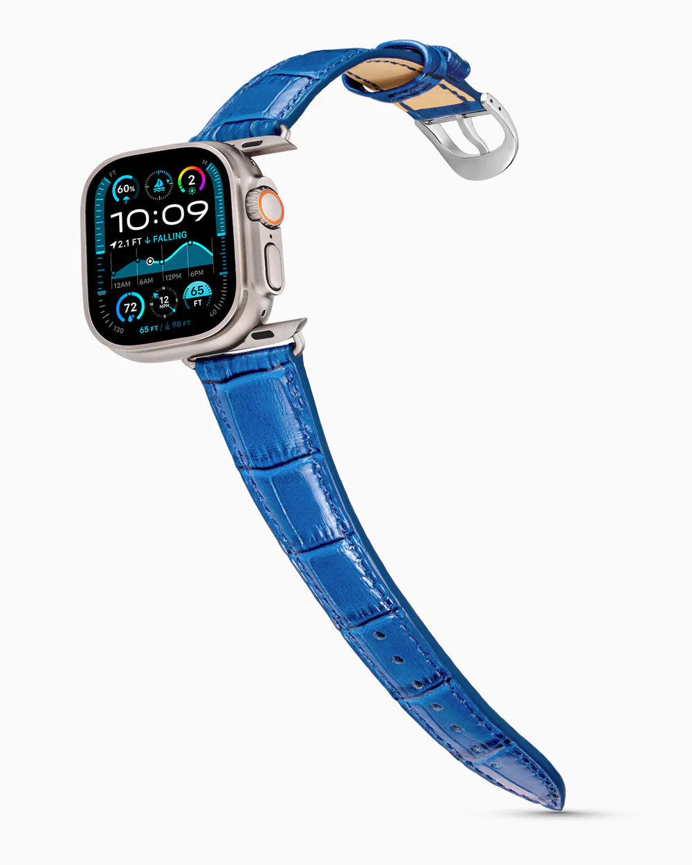 Caiman Series 3 | Bleu Marine on an Apple Watch Ultra in Natural Titanium, polished silver buckle